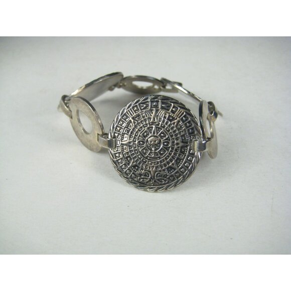 Vintage Sterling Silver Aztec Mayan Calendar Link Bracelet 925 Modern Mexico - Picture 6 of 11